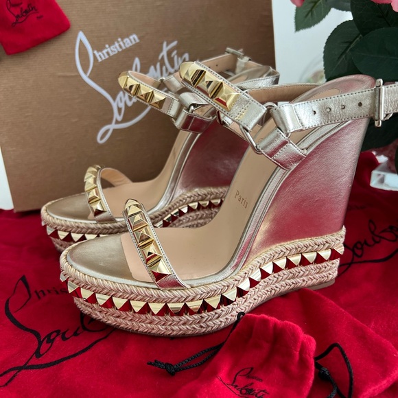 Christian Louboutin New in Box Gold Wedge Sandals Rare Sold out - Picture 2 of 9